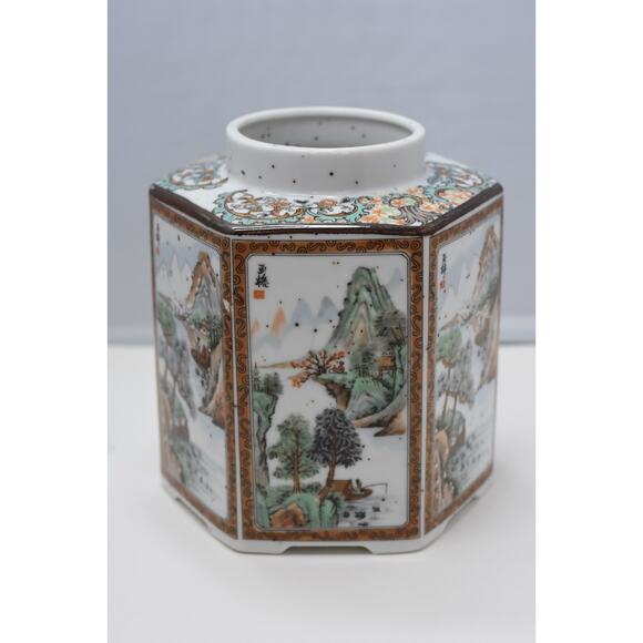 Japanese Enameled Porcaline Hand Painted Sansui Hexagon Nippon Vase